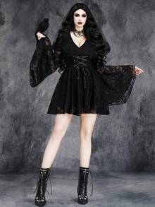 Women's Gothic Sexy Dark Halloween Party Romantic Glamorous Layered Witch Sleeve Cosplay Metal Rope Waist Elastic Dress - Black - View 4