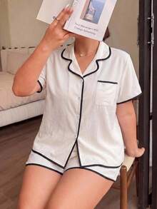 2pcs Set Piyama Wanita Ukuran Besar Warna Polos Minimalis Musim Panas Lengan Pendek Atasan Berkerah dan Celana Pendek Pita - Putih - View 3