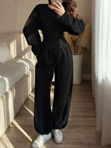 Fall Winter Solid Belted Lapel Long Sleeve Blouse High Waist Wide Leg Pants Loose Elegant Set, Daily Commute Two Pieces - Black - View 4