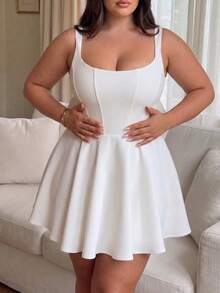 Plus Size Solid Color Casual Elegant Backless Bow Mini Dress, Suitable For Wedding, White Dress, Summer Dress, Party Dress, Summer Holiday Outfits, Vacation Outfits - White - View 6