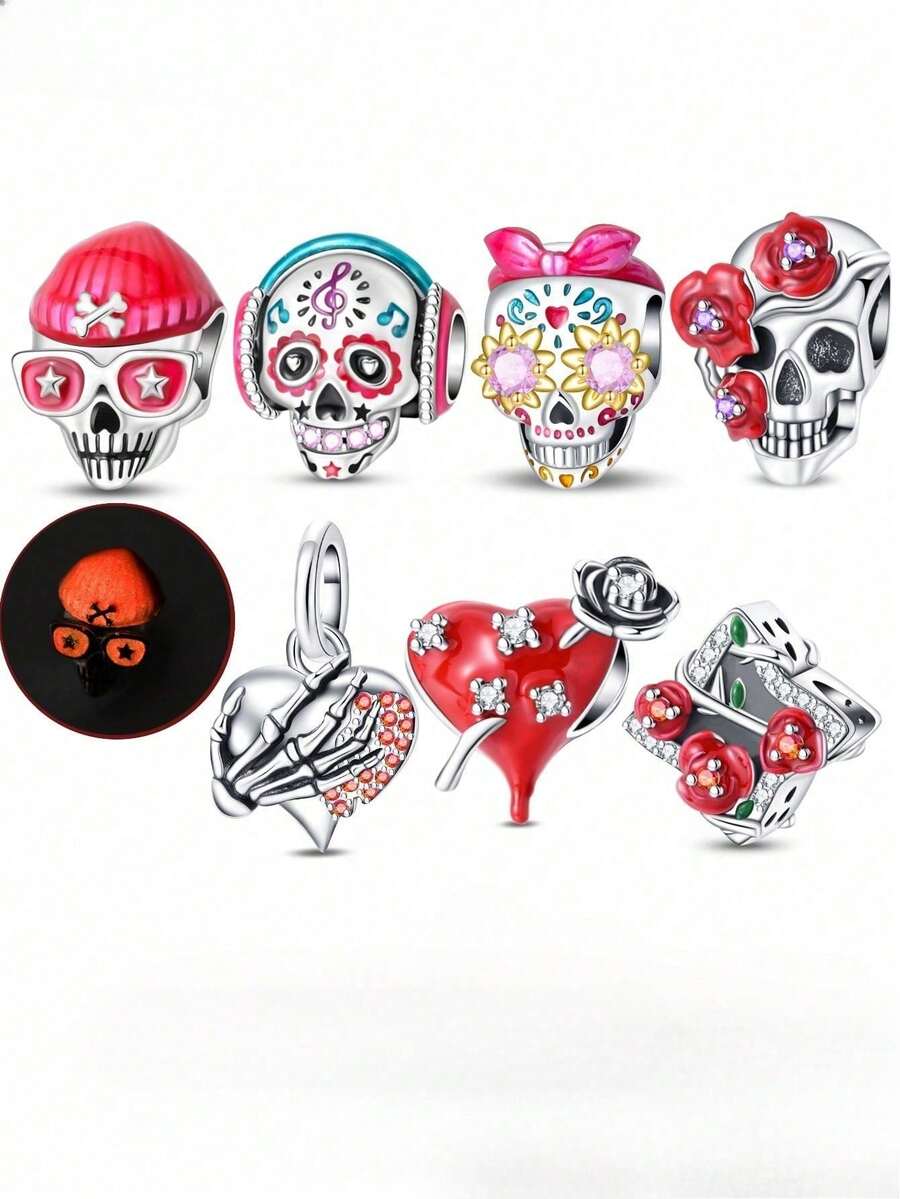 1pc Silver-Plated Day Of The Dead Skull DIY Bead, Painted Skull, Rose Skull, Bone Hand Heart Multiple Styles, Enamel Rhinestone Craft, Suitable For Bracelet Necklace Handmade Craft, Personalized Dark Style Silver Jewelry Accessory - Multicolor - View 1
