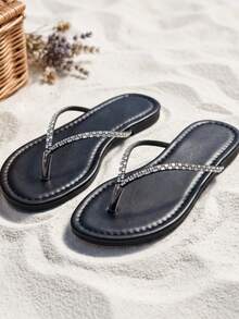Summer Holiday Style Solid Color Round Toe Luxury Rhinestone Flip Flops, Slimming Fashion Versatile Elegant Comfortable For Vacation And Travel - Black - View 3