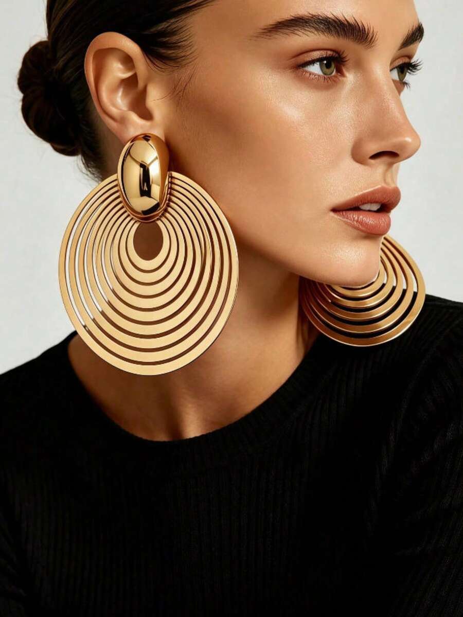 1 Pair Oversized Round Multi-Layer Concentric Hollow Long Drop Earrings For Women, Exaggerated Heavy-Duty Geometric Design For Party And Vacation - Gold - View 1