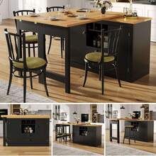 360° Rotating Bar Table With Extendable Top, Kitchen Island Coffee Bar Cabinet With Double Doors, Wine Rack, Adjustable Shelves, Drawers And Open Storage, MDF Dining Bar Furniture For Kitchen Living Room - Black - View 3