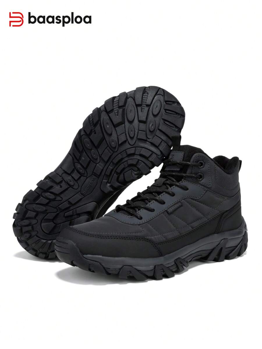 baasploa Men's Grey Non-Slip Warm Fleece Lined Snow Boots Mid-Calf Winter Shoes For Outdoor Hiking