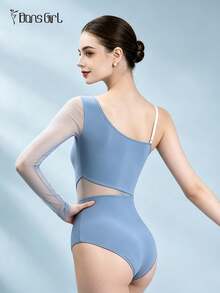 DonsGirl 1pc Women's Asymmetric One Shoulder Ballet Leotard, Mesh Patchwork High Elasticity Jumpsuit, Suitable For Yoga Practice, Stage Performance And Daily Wear - Dusty Blue - View 9