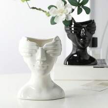 1pc Abstract Portrait Resin Vase, Black And White Blindfolded Sculpture Vase - Face Vase - View 1