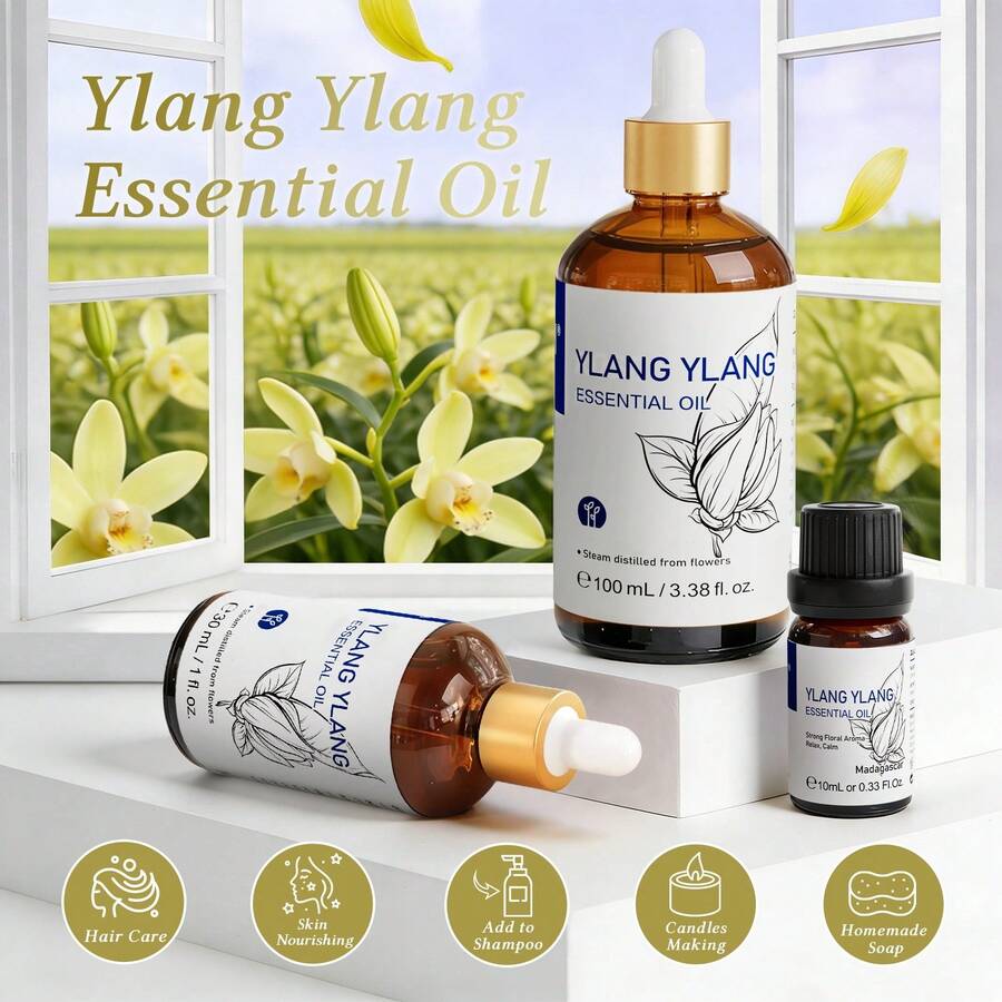 HIQILI Ylang Ylang Essential Oil, 10ml/30ml/100ml, Long-Lasting Fragrance Suitable For Bathing, Massage, Aromatherapy Diffuser, Aromatherapy, DIY Fragrance, Soap And Candle Making, Great Gift