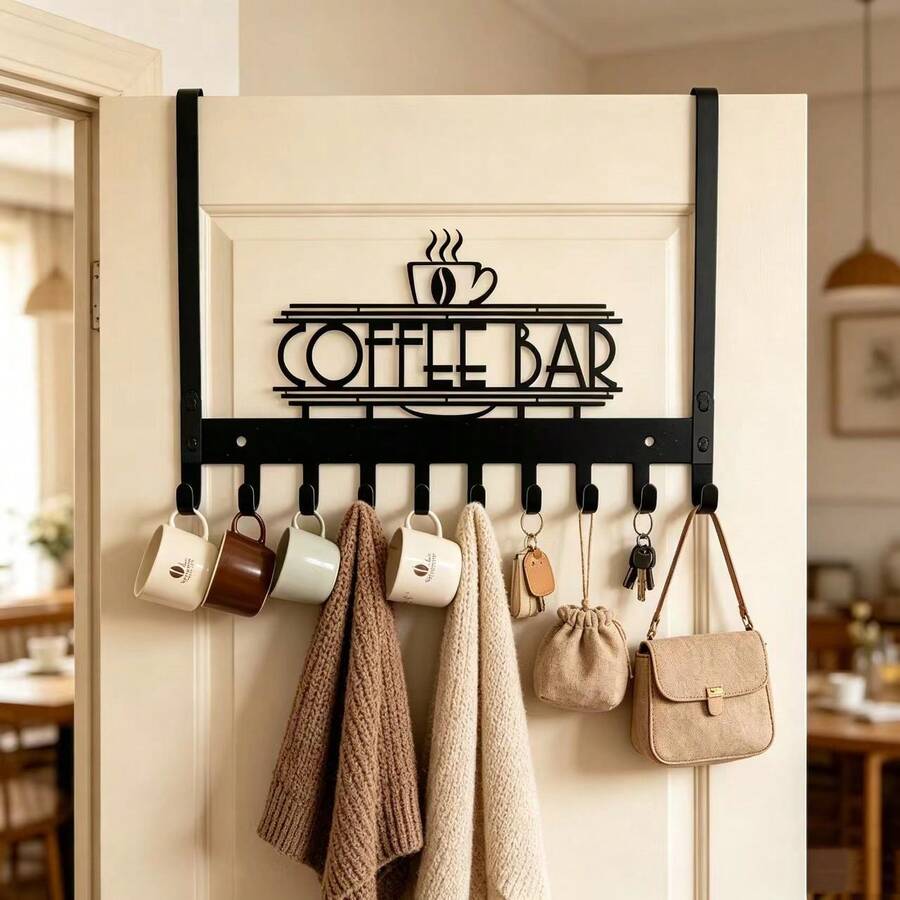 American Style COFFEE BAR Coffee Sign Door Back Hook, No-Drill Iron Door Back Rack, Cafe Restaurant Storage For Cups And Aprons, Home Kitchen Door Coat, Hat, Towel, Key Creative Decorative Storage Hook, Thanksgiving, Holiday, Perfect Gift Choice - View 1