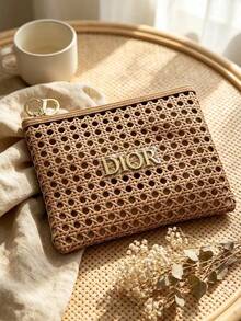 Apricot Hollow Woven Rattan Texture Makeup Bag, Gold Metal DIOR Logo And CD Shaped Zipper Pull, Flat Zipper Top Travel Cosmetic Storage Bag, Luxury Gift For Women DIOR-GIFT-164 - Gold - View 9