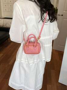 Bolso de mano mini Boston con remaches del Día Nacional, bolso pequeño cruzado con cadena, estilo vintage con letras en relieve, diseño exclusivo y exquisito - Rosa - Ver 8