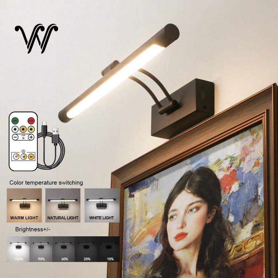wamblz Wireless Rechargeable Picture Light With Remote Control, Three-Color Changing, Dimmable Timer Battery Operated Wall Light CRI90+, Suitable For Bedrooms, Living Rooms, Studies, Hallways, And Gallery Black - Black - View 1