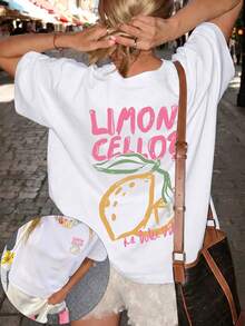 Plus Size Women's Casual Lemon Print Round Neck Short Sleeve T-Shirt, Suitable For Spring, Summer, Autumn, Vacation White - White - View 1