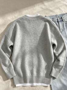 Plus Size Women's Grey V-Neck Pullover Knit Sweater, Versatile Casual Preppy Style - Light Grey - View 4