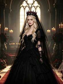 2pcs/Set Gothic Style Black Crown & Veil Wedding Accessory Set, Black Queen Vintage Style, Suitable For Halloween Gothic Costume, Can Be Used As Black Wedding Dress Photography Accessory - Multicolor - View 8