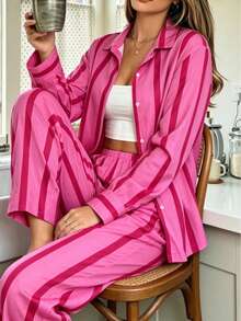 Nina Bonheur 2pcs Women Loose Comfortable Breathable Long Sleeve Top And Long Pants Pajama Set - Hot Pink - View 3