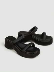 Women's Black Satin Double Strap Thick Sole Wedge Sandals, Square Toe Open Toe Slip-On Summer Casual Slides - Black - View 3