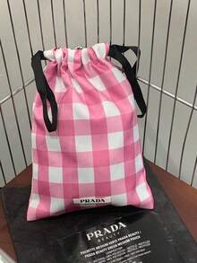 PRADA BEAUTY Pink White Gingham Drawstring Pouch, Fabric Checkered Pattern Cosmetic Storage Bag, Portable Multi‑Purpose Beauty Accessories Organizer Luxury Gift For Women PRADA‑GIFT‑23 - Pink - View 7