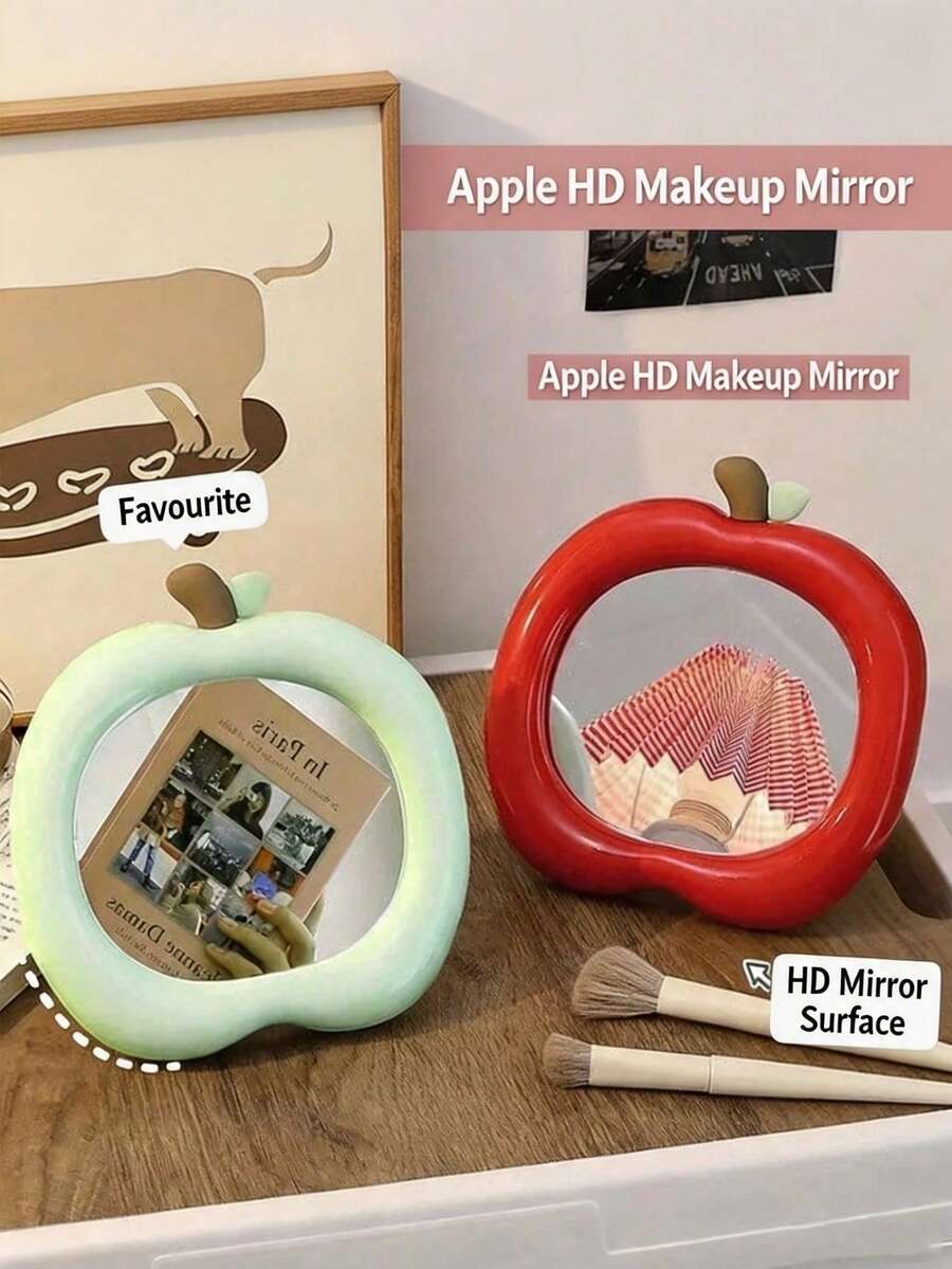 1pc Apple Shaped Makeup Mirror, Cute Portable Small Mirror For Student Dorm, Office Desk, Home Vanity, Campus Touch-Up Mirror - Multicolor - View 1
