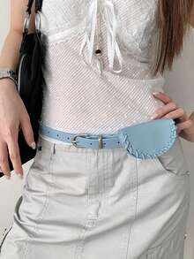 1pc Blue Women's PU Material Minimalist Waist Bag Decorative Solid Color Belt - Blue - View 4