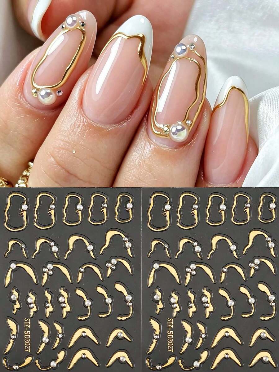 2入金色金屬環美甲貼紙 5D 浮雕奢華框架珍珠珠曲線設計 自黏式美甲貼花 適用法式美甲 DIY 優雅婚禮美甲裝飾