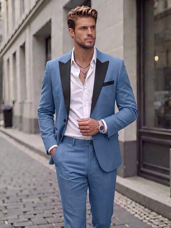 Men's Lapel Button Contrast Color Long Sleeve Jacket And Casual Pants Suit Set, Party, Banquet, Wedding, Casual Commute