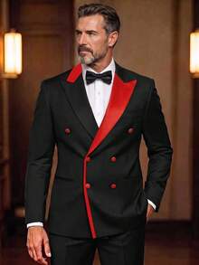 Men's Fashion Design Colorblock Double-Breasted Blazer, Light Business Style Suitable For Daily Wear, Casual Commute, Business Party And Banquet, Spring/Summer - Black - View 1