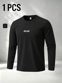 1pc Men's Autumn Sports Crew Neck Long Sleeve T-Shirt, RUN Letter Print Slim Fit Top, Outdoor Running Fitness Training Daily Layering Casual Basic - Black - View 4
