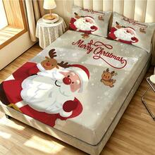 3pcs Christmas Themed Bedding Set (1 Fitted Sheet + 2 Pillowcases, No Fillings), Santa Claus, Reindeer, Mattress Protector, Bedroom Printed Bed Cover, Machine Washable, Multiple Sizes, Suitable For Guest Room, Home, Holiday Atmosphere Decoration - Multicolor01 - View 2