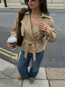 Women's Solid Color Waist Tie Casual Versatile Long Sleeve Jacket - Brown - View 2
