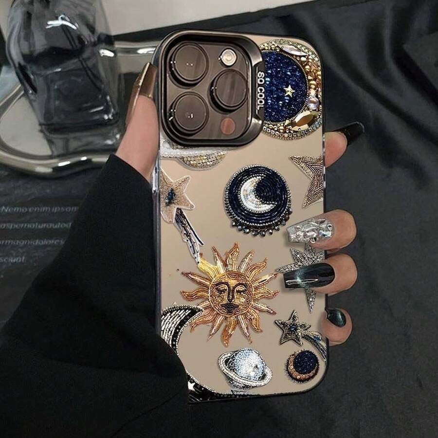 Phone Case: Diamond Sun Moon Universe: Laser Vitality Case With Half-Cover Lens, Suitable For Samsung Series, Apple Series, 14 Pro Phone Case, Apple 13 Protective Cover, 11/12, Suitable For 15 Plus Phone Case, 14 Pro Max, Apple 13 - Translucent Black - View 1