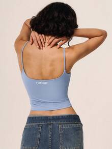 TimeOff Women's 1pc Solid Color Spaghetti Strap Backless Padded Cropped Tank Top For Outdoor Running And Fitness - Dusty Blue - View 8