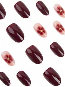 24pcs Autumn/Winter Vintage Street Style Spicy Girl Minimalist Casual Elegant Daily Wear Gold Metal Bead Decor Burgundy Floral Pattern Short Oval Press-On Nails Fake Nail Set, Suitable For Elegant And Sophisticated Girls And Women - Burgundy - View 7