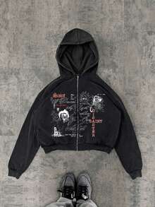 Washed Men's Autumn Dropped Shoulder Long Sleeve Zip-Up Casual Vintage Fashion Printed Hoodie - Black - View 1