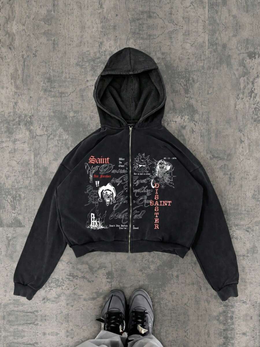 Washed Men's Autumn Dropped Shoulder Long Sleeve Zip-Up Casual Vintage Fashion Printed Hoodie - Black - View 1