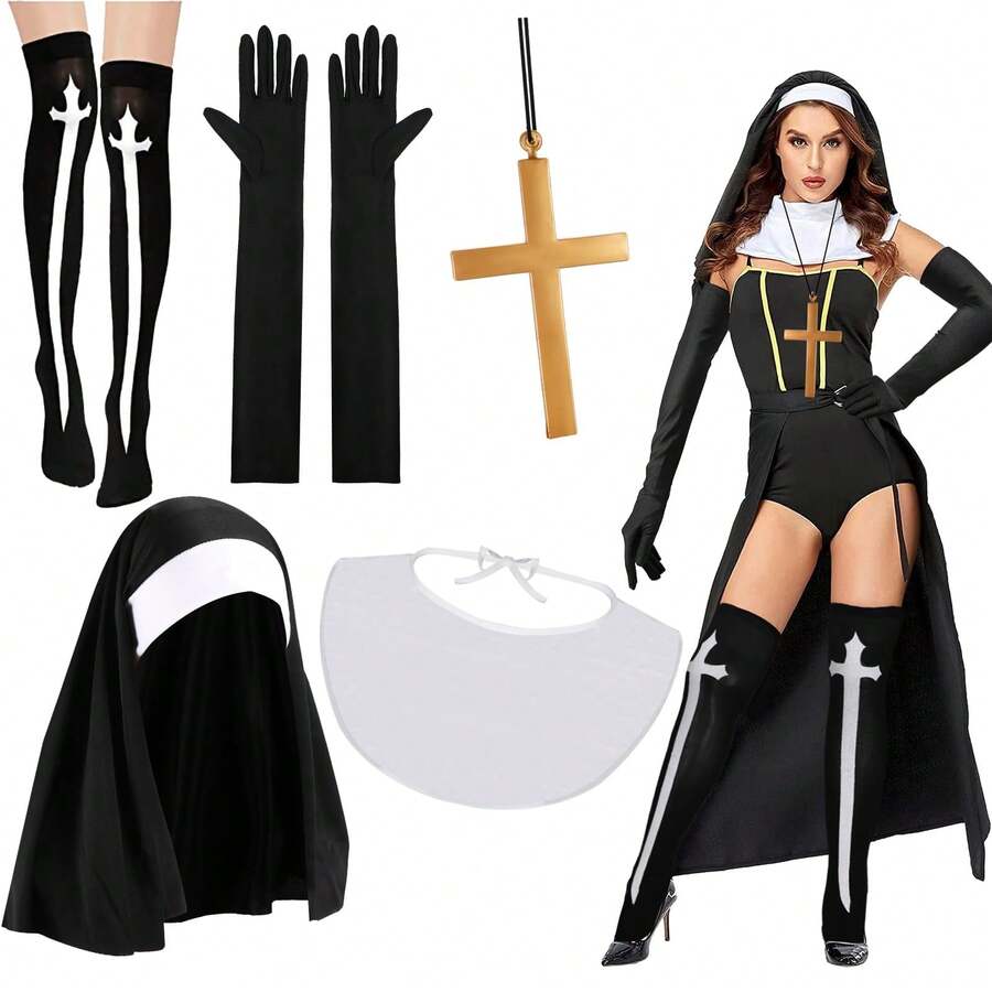 Halloween 5-Piece Women's Wig Set - Wig Costume Accessories, Wig Headpiece, Wig Collar, Gloves, Shoulder Pendant Necklace, Knee Socks Adult Costume Set - Multicolor - View 1