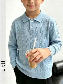 Boys 8-14Y Fall Winter Cable Knit Polo Sweater, Long Sleeve Button Collar Pullover, Loose Warm Basic Casual Knit Top For Daily Wear - Baby Blue - View 6