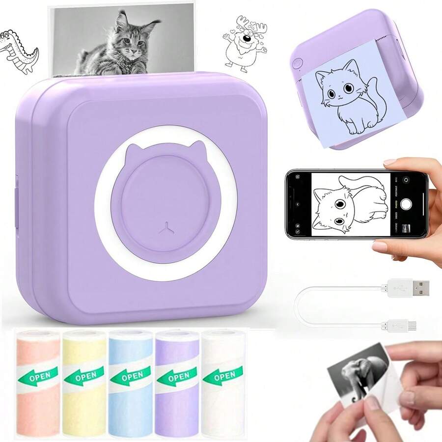 PRINHSJI Wireless Mini Printer, Portable Inkless Thermal Sticker Printer With 5 Rolls Printing Paper, For Photos, Notes, Gift, Receipts, Lists, And DIY Journals, Compatible With IOS & Android