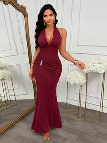 AIJ Fall Women's Long Dress, Legant Bodycon Fit With Ruched Bust,Slit In Stretchy Fabric For Formal Night Out Wedding Guest Party Dress Elegant Red - Red - View 7