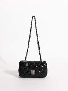 2026 Luxury Quilted Diamond Stitch Embroidered Solid Color PU Leather Chain Lock Bag Women's Shoulder Bag Small Handbag High-End Fashion Versatile Crossbody Bag Suitable For Daily Outings, Work Commute, Party, Afternoon Tea And More Occasions (Gift Box Not Included) - Black - View 4