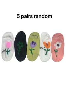 5/4 Pairs Women's Multi-Color Combination, Floral Tulip, Spring/Summer Versatile Style, Knitted Breathable Fabric, Fashionable Japanese Fresh Style Invisible Boat Socks, Home, Commute, Party, Sports, School, Holiday Gift - Multicolor - View 9