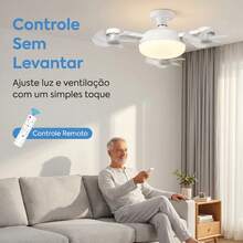 Ventilador de Teto Luminária E27 Ventilação 360°, Controle Remoto, Luz LED Quente e Fria, Silencioso para Quarto Sala de Jantar - Branco - Visão 4