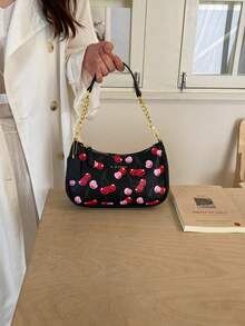 Fun Print Pattern With Metal Chain Spliced Shoulder Strap Crescent Shape Underarm Bag Personalized Fun Style Shoulder Bag Women's Outing Party Date Portable Small Bag Vibrant Atmosphere Matching Shoulder Bag - Black - View 2