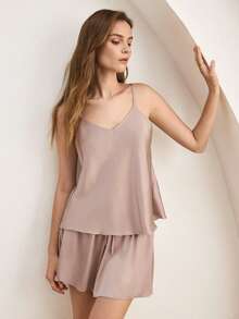 Ocili Leisure Silky Satin Comfortable Loose Long Sleeve Lapel Front Button Women's Pajama Top/Bottoms - Champagne - View 28