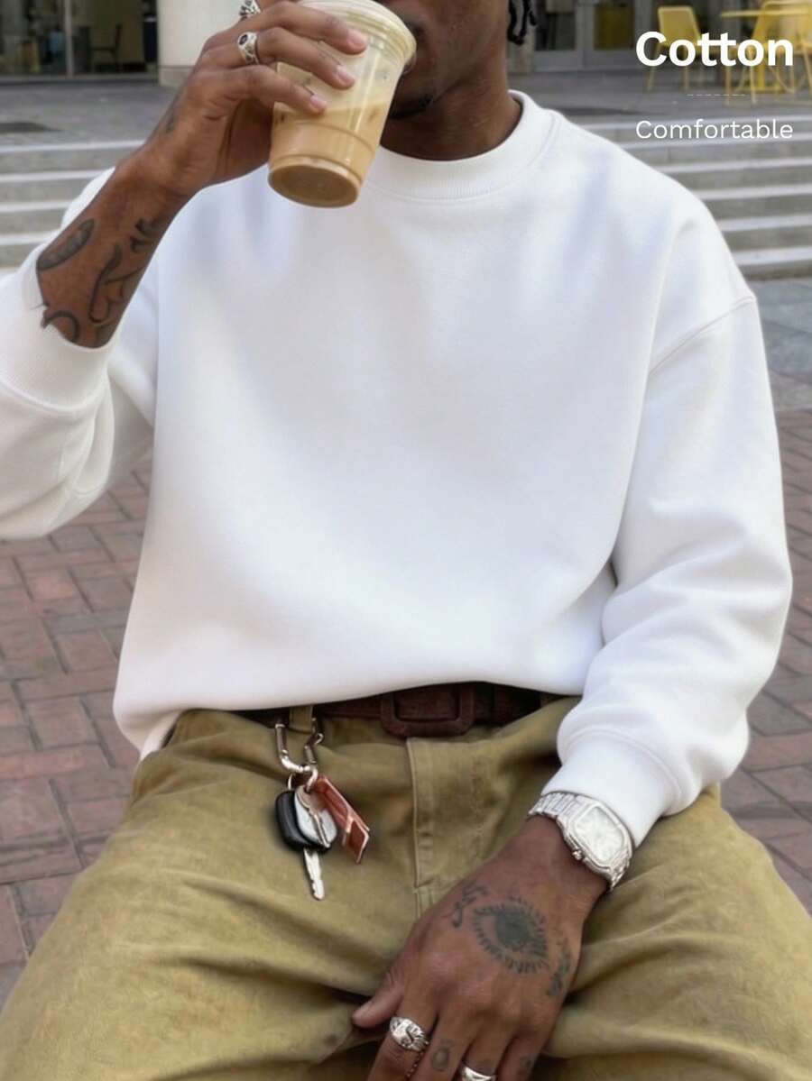 Men's Slim Fit Lightweight Sweatshirt, Autumn Vacation Y2K Style, Casual Sports Countryside Vibe - White - View 1