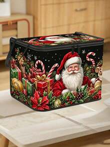 Santa Claus Storage Box With Lid, Large Capacity Foldable Fabric Organizer Bin, Zipper And Handle, Black Holiday Print Storage Box, Suitable For Christmas Decoration, Blankets, Clothes, Closet And Bedroom - Multicolor - View 3