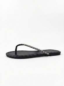 Summer Holiday Style Solid Color Round Toe Luxury Rhinestone Flip Flops, Slimming Fashion Versatile Elegant Comfortable For Vacation And Travel - Black - View 9