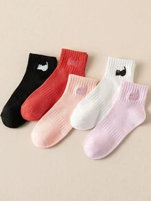 1/5双装 女士黑色、白色、粉色可爱猫咪刺绣弹力腰带舒适柔软休闲、学校、运动袜 - 彩色 - 查看 5