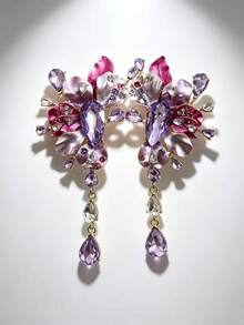 2pcs Fashion Exaggerated Flower Metal Rhinestone Purple Water Drop Pendant Earrings, Suitable For Women's Daily And Party Wear - Purple - View 3