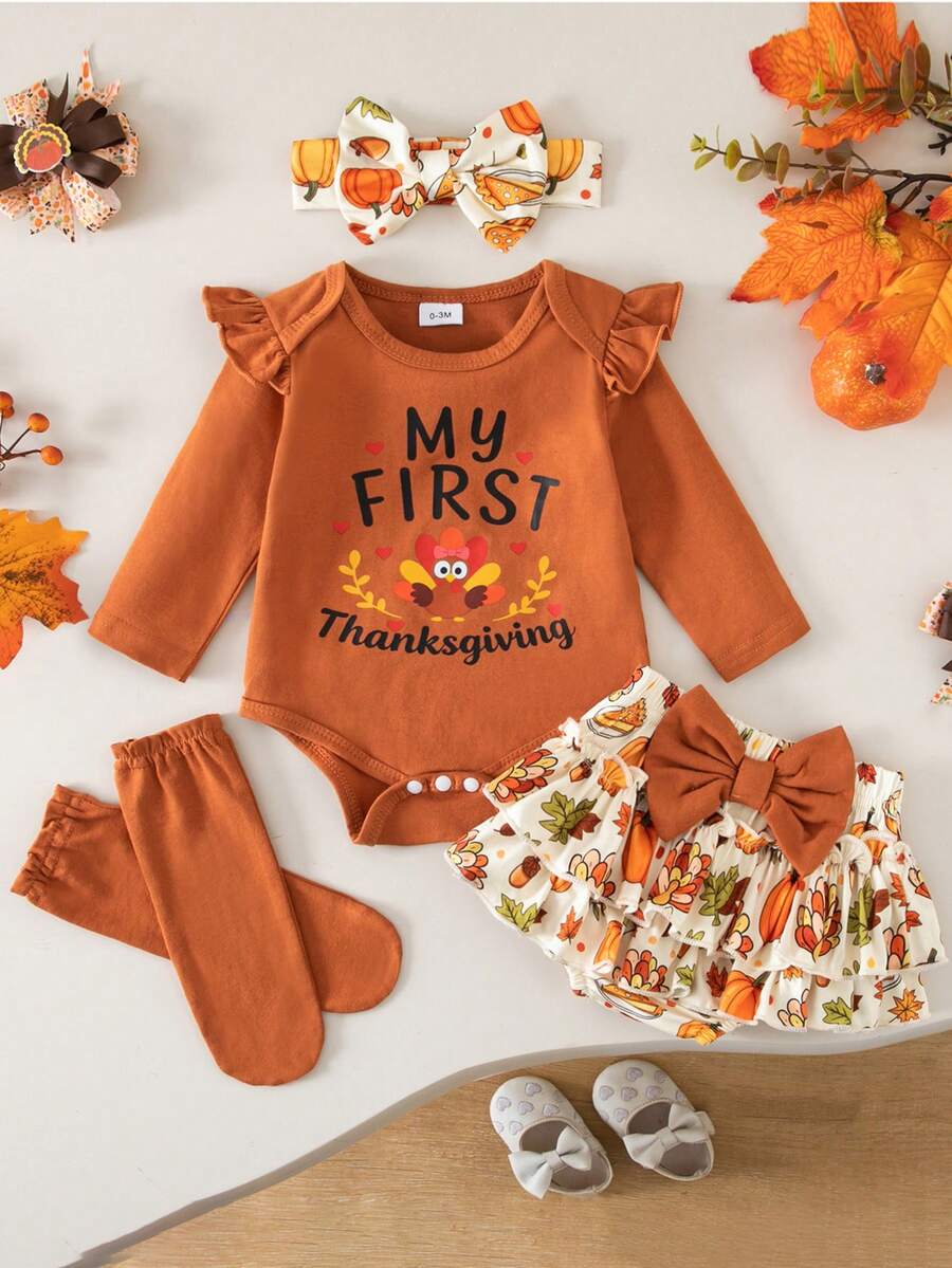 2pcs Baby Girl Cute Turkey Pattern Long Sleeve Bodysuit, Shorts, Socks, Headband Set, Thin Spring/Autumn Holiday - Mocha Brown - View 1